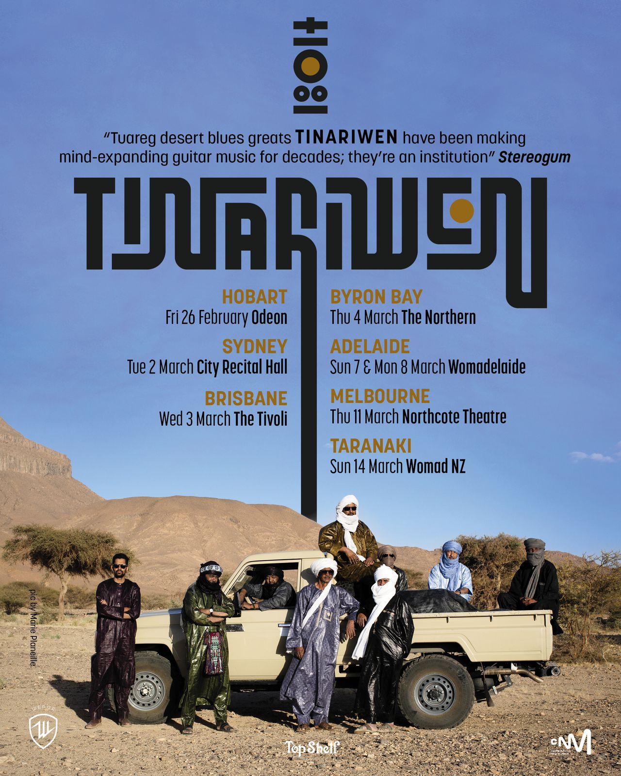 Tour poster for Tuareg band Tinariwen featuring Australia and New Zealand tour dates above a group photo around a pickup truck.